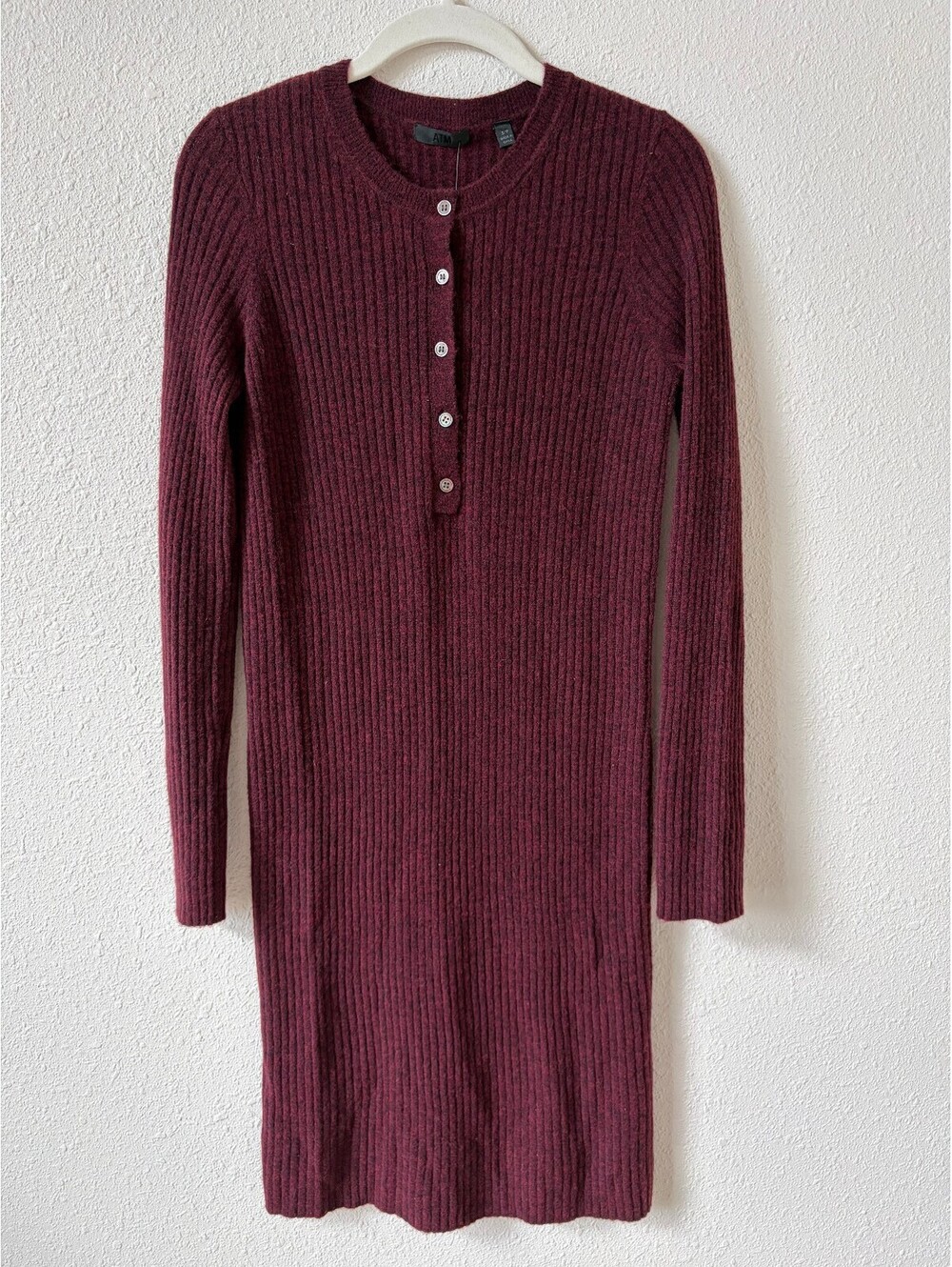 ATM Anthony Thomas Melillo Cashmere Blend Wide Rib Henley Sweater Dress Small